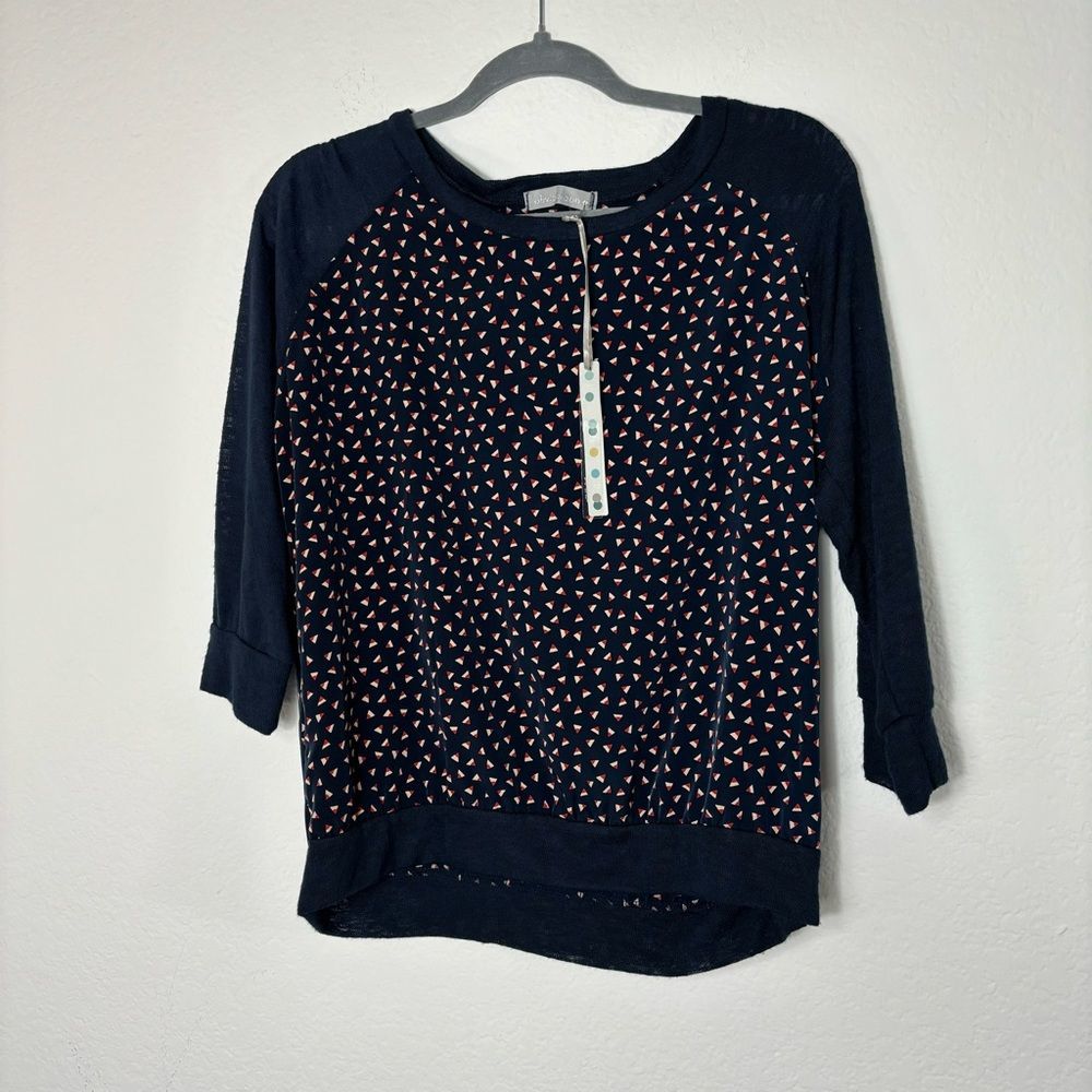 NWT Women’s Olivia Moon Navy Blue Sheer Sleeve Geometric Blouse size Medium